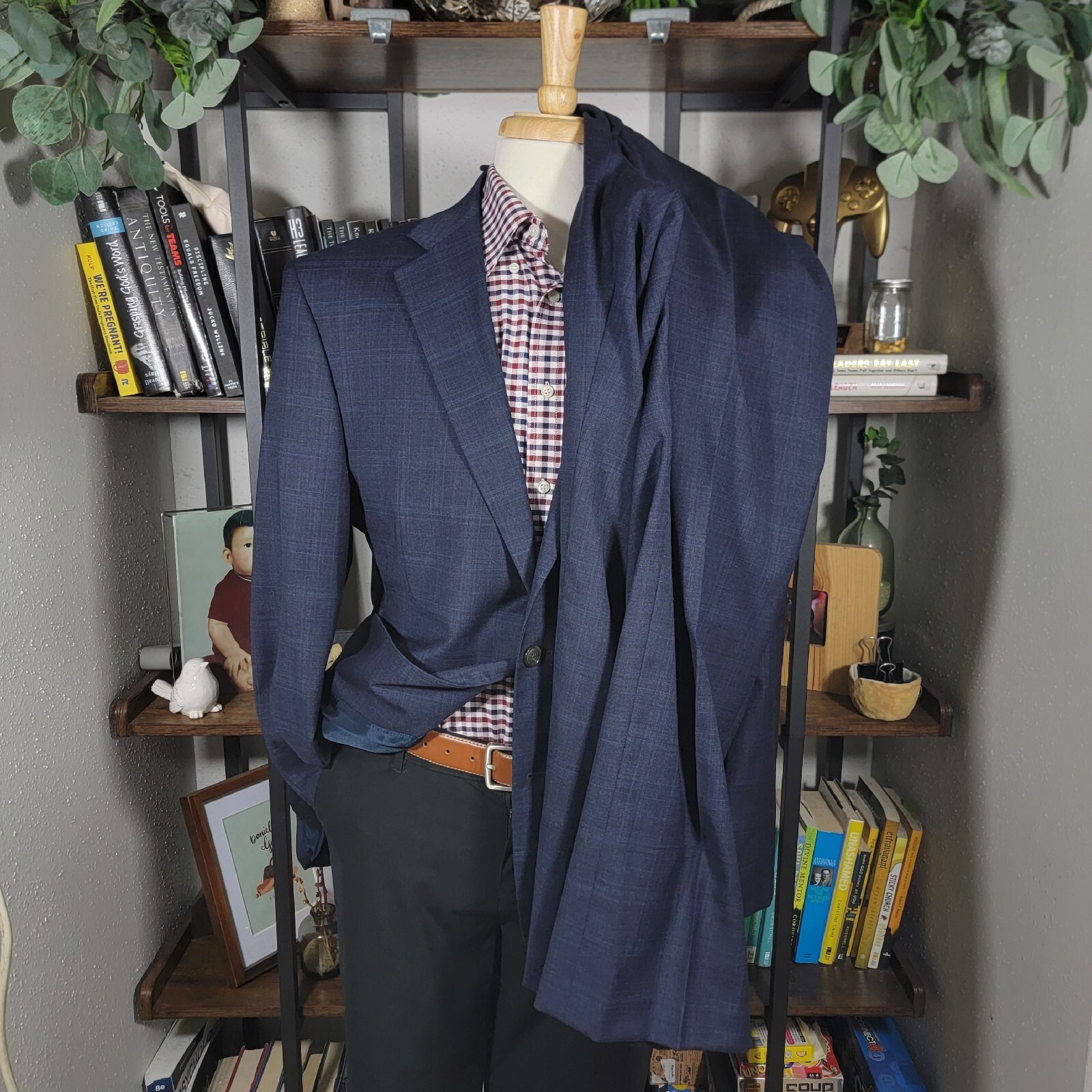 Stafford Men's 2pc Sport Coat Navy Blue Plaid Classic Fit Travel Size 44r 42x29